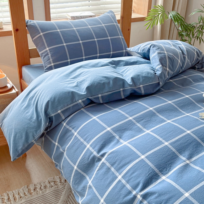 91家纺网 家纺一手货源 找家纺 吉象 2025新款水洗棉学生三件套 大蓝格