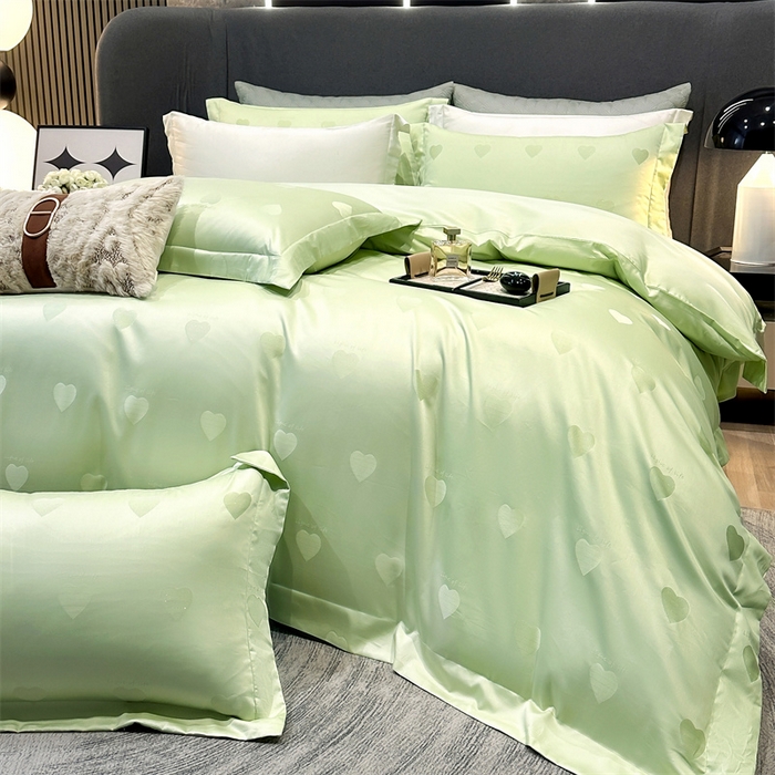 91家纺网 家纺一手货源 找家纺 2025新款双股长绒棉居家款提花系列四件套 心动-牛油果绿