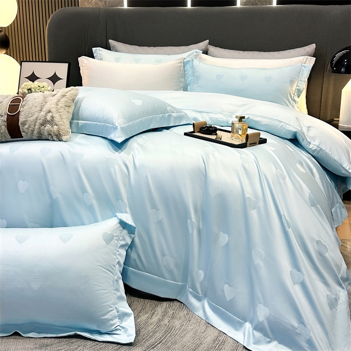 91家纺网 家纺一手货源 找家纺 2025新款双股长绒棉居家款提花系列四件套 心动-天空蓝