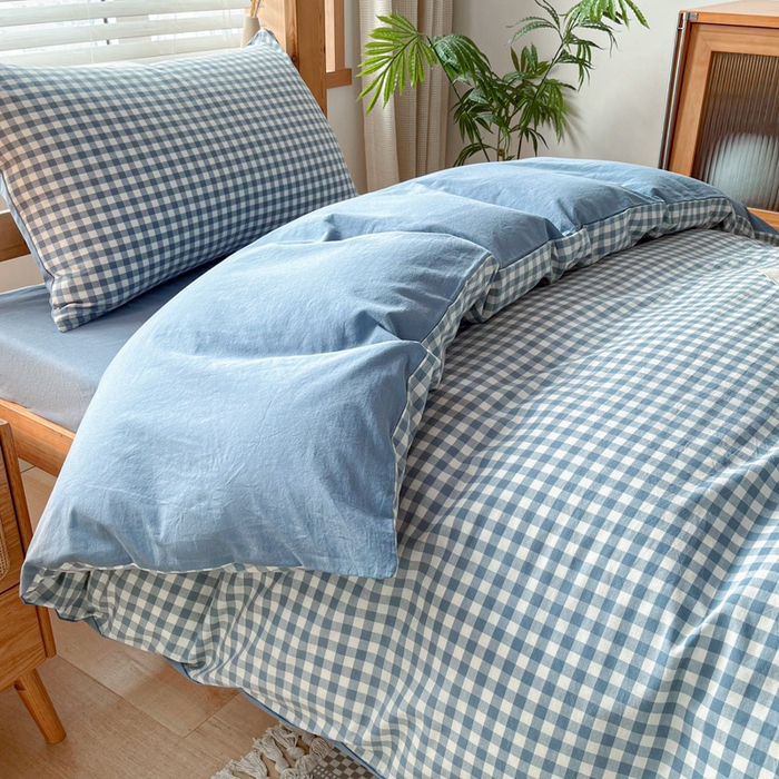 91家纺网 家纺一手货源 找家纺 吉象 2025新款水洗棉学生三件套 蓝小格