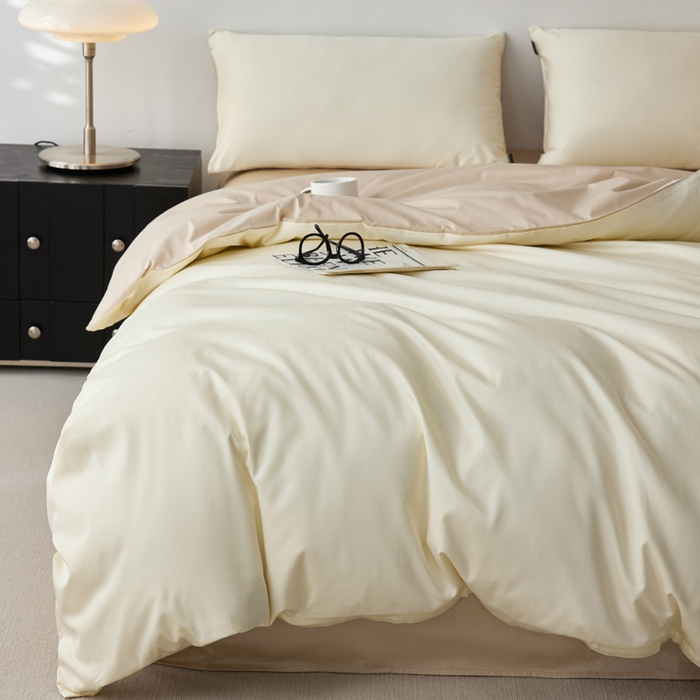 91家纺网 家纺一手货源 找家纺 安莱生活 2024新款100s全棉贡缎四件套 月光白-棕灰