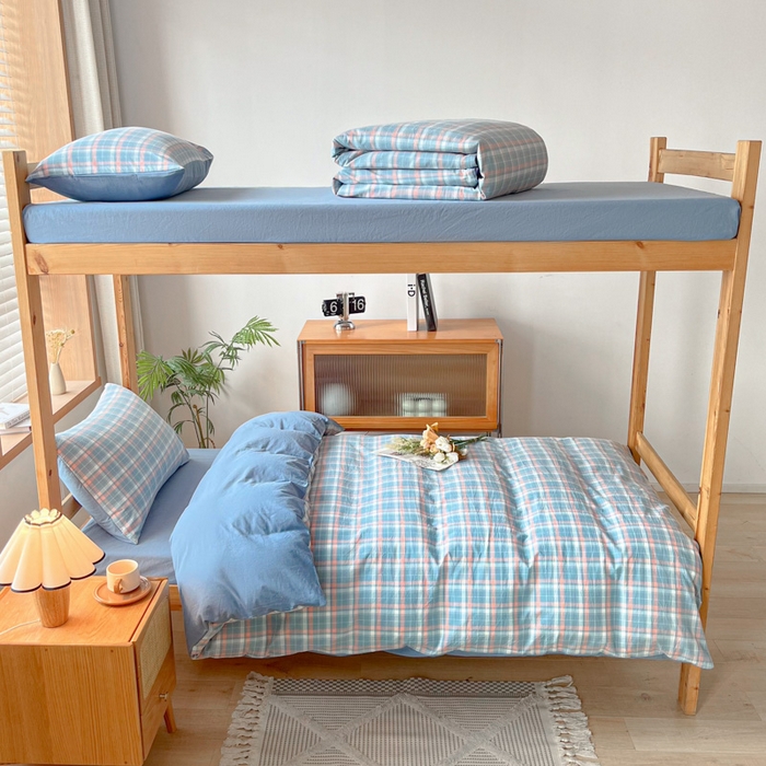 91家纺网 家纺一手货源 找家纺 吉象 2025新款水洗棉学生三件套 初晴蓝