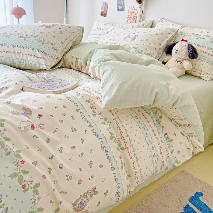 91家纺网 家纺一手货源 找家纺 西引力 2024新款全棉印花四件套 草莓小兔