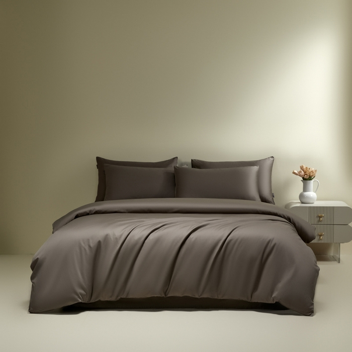 91家纺网 家纺一手货源 找家纺 安莱生活 2024新款100s全棉贡缎四件套 咖啡