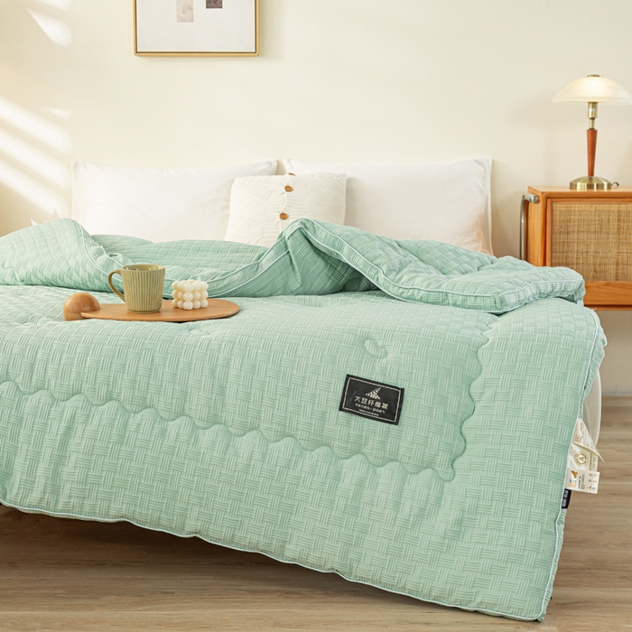 91家纺网 家纺一手货源 找家纺 居易简 2025秋冬新款直播华夫格大豆被冬被立体包边订棉工艺水洗棉大豆被 清新绿