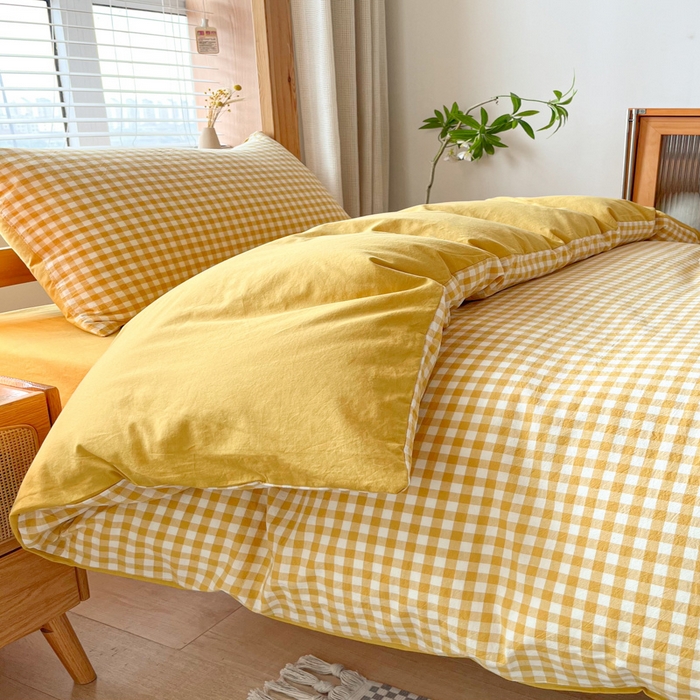 91家纺网 家纺一手货源 找家纺 吉象 2025新款水洗棉学生三件套 黄小格