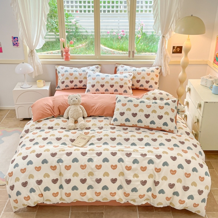 91家纺网 家纺一手货源 找家纺 玉海棠 2024新款AB版软糯针织棉印花四件套 比心-