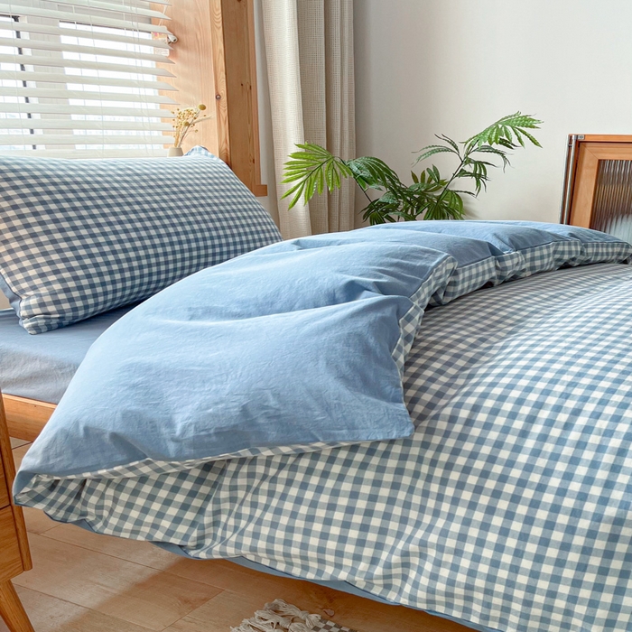 91家纺网 家纺一手货源 找家纺 吉象 2025新款水洗棉学生三件套 蓝小格