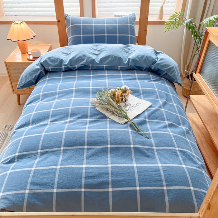 91家纺网 家纺一手货源 找家纺 吉象 2025新款水洗棉学生三件套 大蓝格