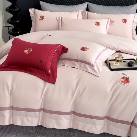 91家纺网 家纺一手货源 找家纺 美娘阁2025新款双股长绒棉居家款四件套 好柿连连-落樱粉