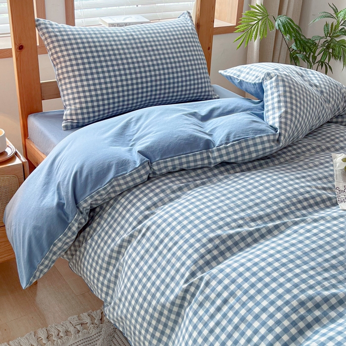 91家纺网 家纺一手货源 找家纺 吉象 2025新款水洗棉学生三件套 蓝小格