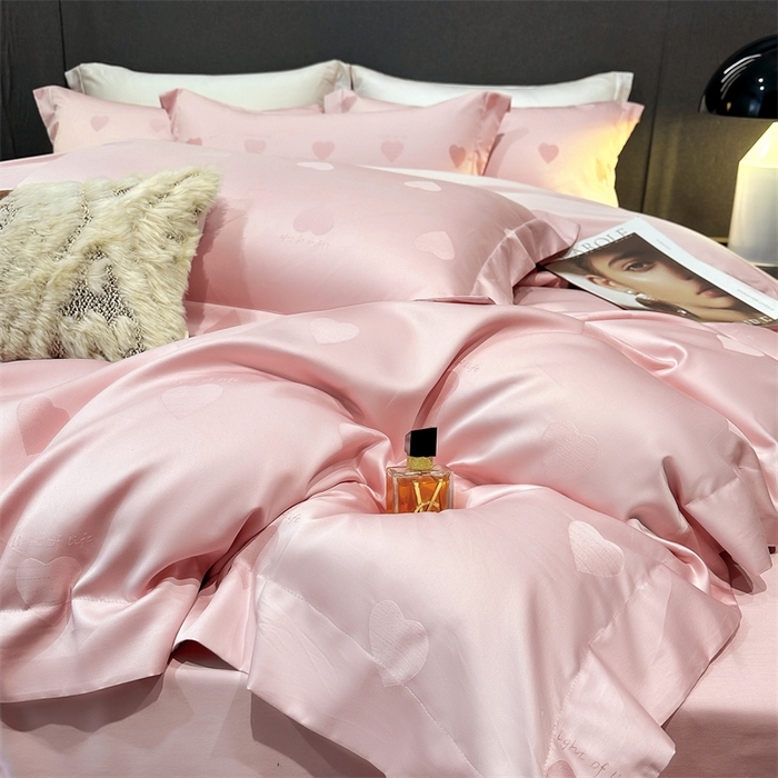 91家纺网 家纺一手货源 找家纺 2025新款双股长绒棉居家款提花系列四件套 心动-香草粉