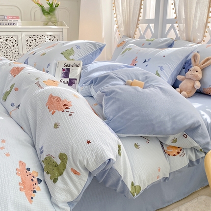 91家纺网 家纺一手货源 找家纺 芷凡家纺 2024新款水洗泡泡棉四件套 恐龙派对