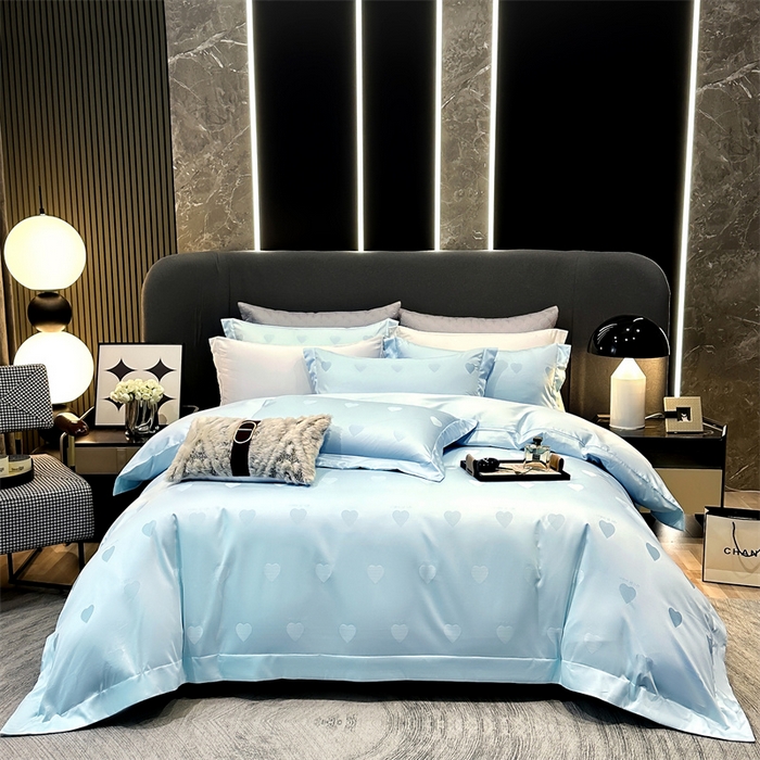 91家纺网 家纺一手货源 找家纺 2025新款双股长绒棉居家款提花系列四件套 心动-天空蓝