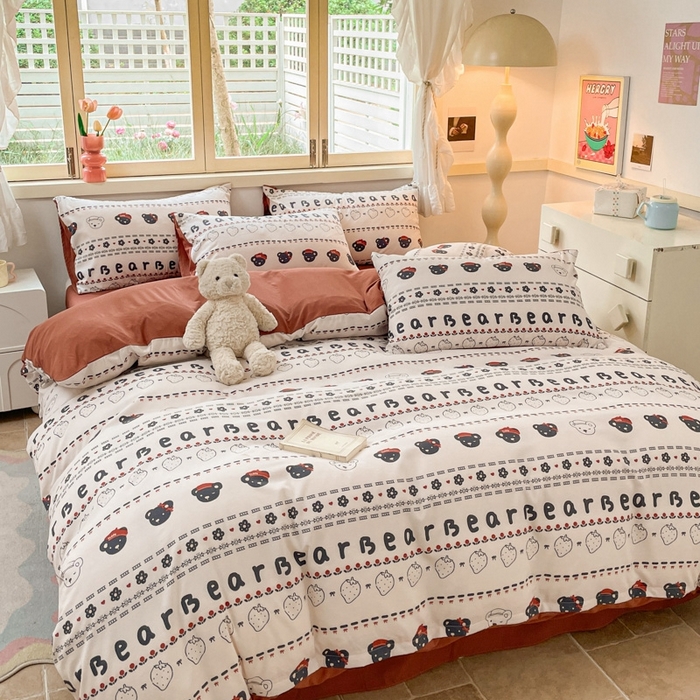 91家纺网 家纺一手货源 找家纺 玉海棠 2024新款AB版软糯针织棉印花四件套 草莓熊-