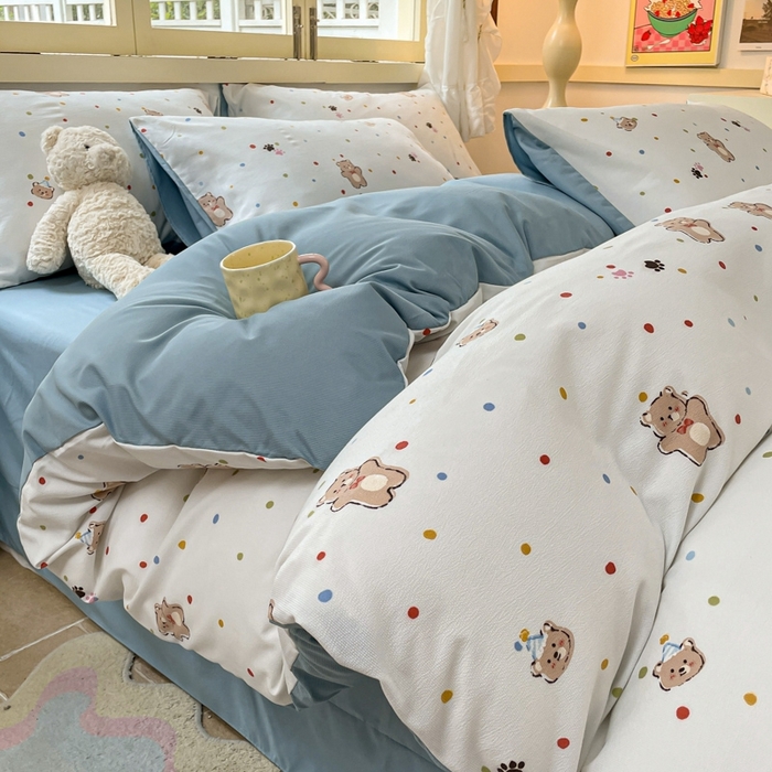 91家纺网 家纺一手货源 找家纺 玉海棠 2024新款AB版软糯针织棉印花四件套 饼干熊-