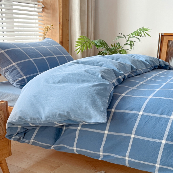 91家纺网 家纺一手货源 找家纺 吉象 2025新款水洗棉学生三件套 大蓝格