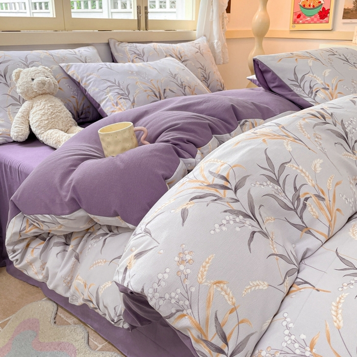 91家纺网 家纺一手货源 找家纺 玉海棠 2024新款AB版软糯针织棉印花四件套 大麦-紫-