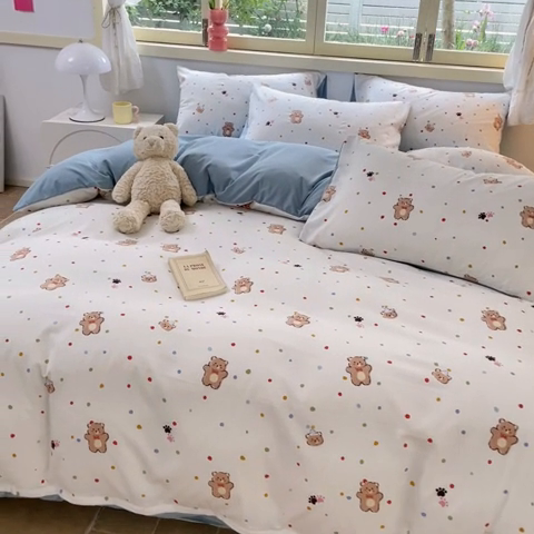 91家纺网 家纺一手货源 找家纺 玉海棠 2024新款AB版软糯针织棉印花四件套 饼干熊-