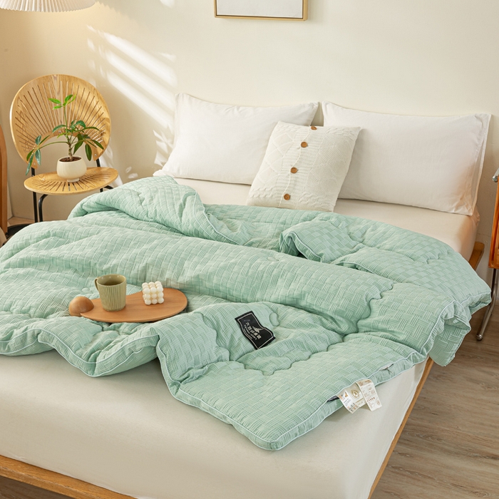 91家纺网 家纺一手货源 找家纺 居易简 2025秋冬新款直播华夫格大豆被冬被立体包边订棉工艺水洗棉大豆被 清新绿