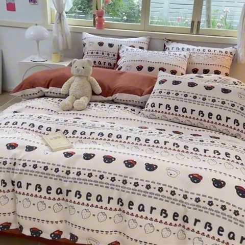 91家纺网 家纺一手货源 找家纺 玉海棠 2024新款AB版软糯针织棉印花四件套 草莓熊-