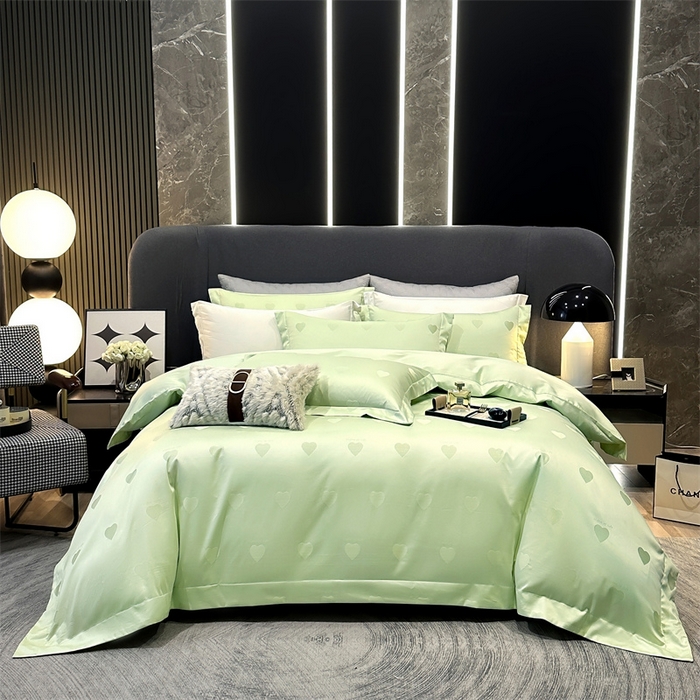 91家纺网 家纺一手货源 找家纺 2025新款双股长绒棉居家款提花系列四件套 心动-牛油果绿