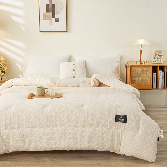 91家纺网 家纺一手货源 找家纺 居易简 2025秋冬新款直播华夫格大豆被冬被立体包边订棉工艺水洗棉大豆被 奶白