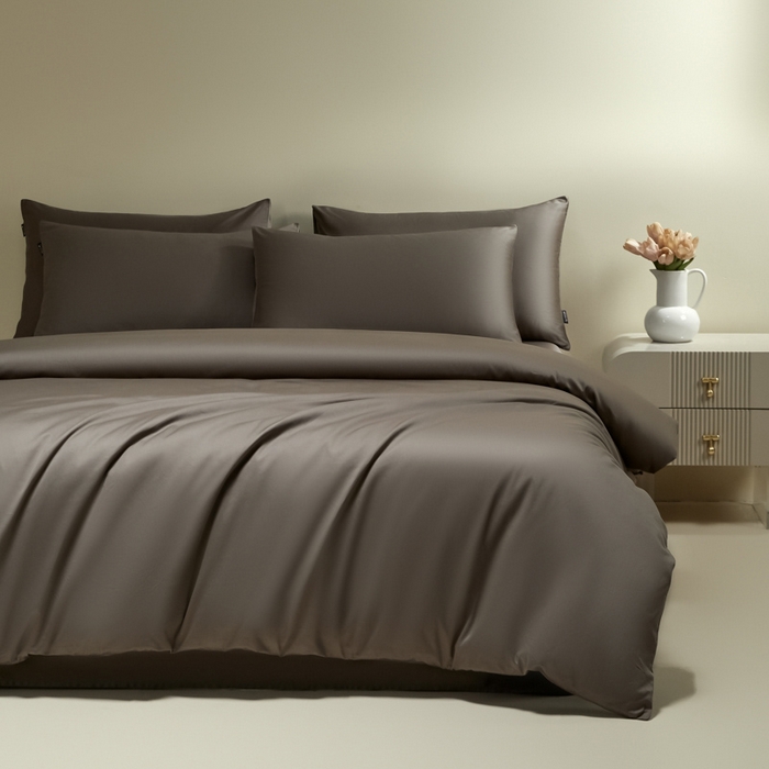 91家纺网 家纺一手货源 找家纺 安莱生活 2024新款100s全棉贡缎四件套 咖啡