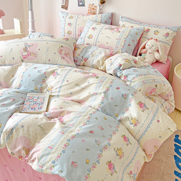 91家纺网 家纺一手货源 找家纺 西引力 2024新款全棉印花单被套 花园兔兔