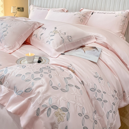  轻奢风100支兰精天丝四件套真丝纯色刺绣酒店2023直播爆款床上用品丝滑柔软床笠款 唐云-樱花粉