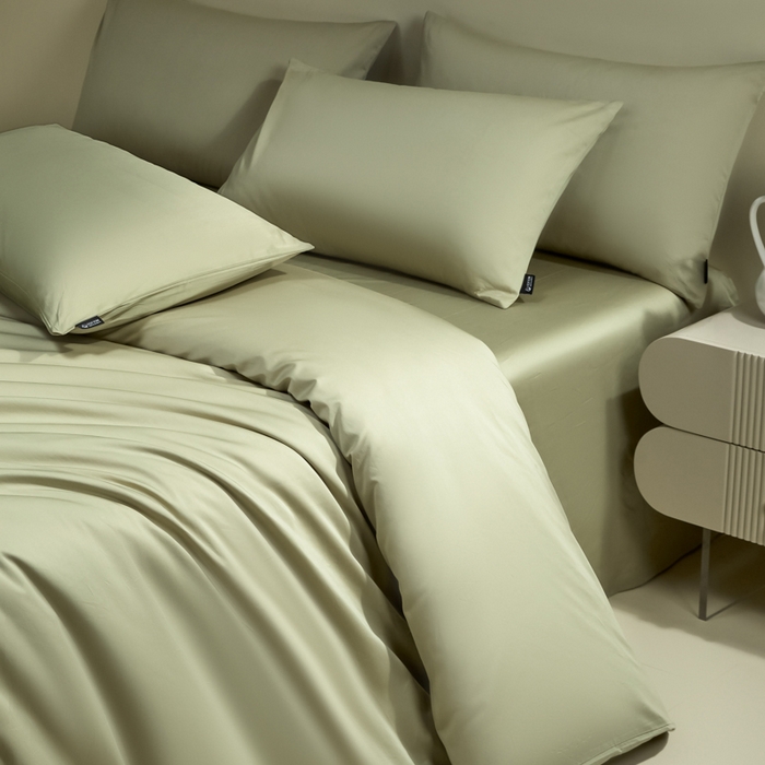 91家纺网 家纺一手货源 找家纺 安莱生活 2024新款100s全棉贡缎四件套 草绿