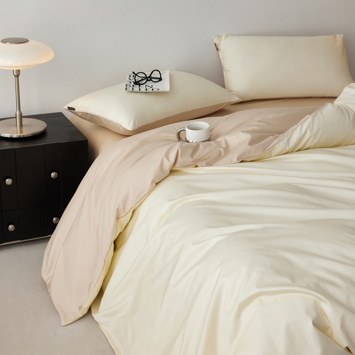 91家纺网 家纺一手货源 找家纺 安莱生活 2024新款100s全棉贡缎四件套 月光白-棕灰