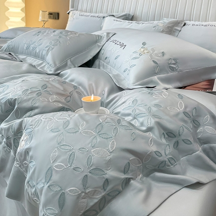  轻奢风100支兰精天丝四件套真丝纯色刺绣酒店2023直播爆款床上用品丝滑柔软床笠款 唐云-薄荷绿