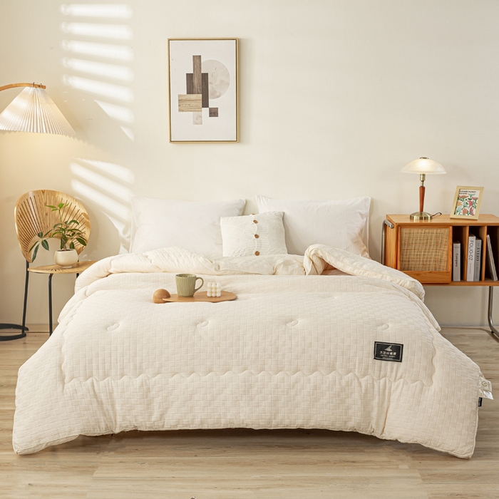 91家纺网 家纺一手货源 找家纺 居易简 2025秋冬新款直播华夫格大豆被冬被立体包边订棉工艺水洗棉大豆被 奶白