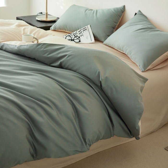 91家纺网 家纺一手货源 找家纺 安莱生活 2024新款100s全棉贡缎四件套 水绿-棕色