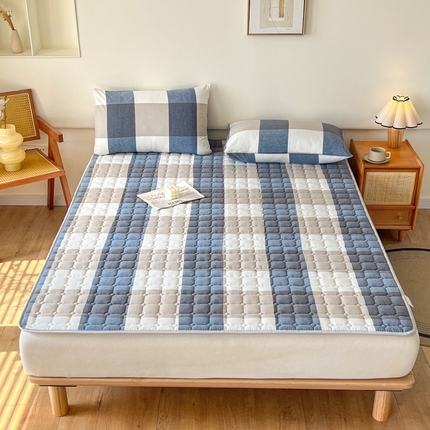 卡伦家纺 2025新款全棉色织水洗棉夹棉床垫席梦思保护垫 蓝大格