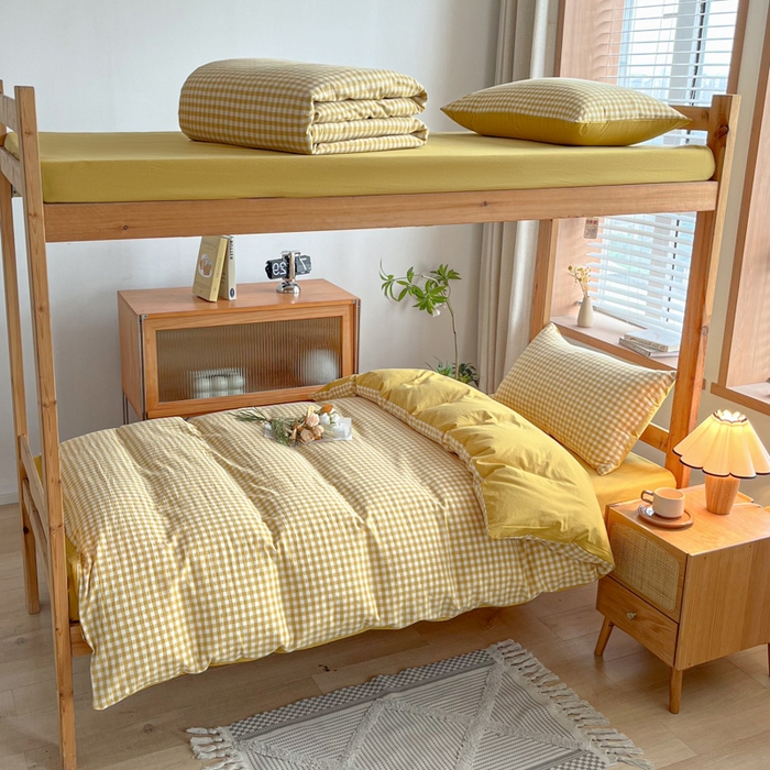 91家纺网 家纺一手货源 找家纺 吉象 2025新款水洗棉学生三件套 黄小格