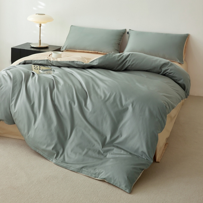 91家纺网 家纺一手货源 找家纺 安莱生活 2024新款100s全棉贡缎四件套 水绿-棕色