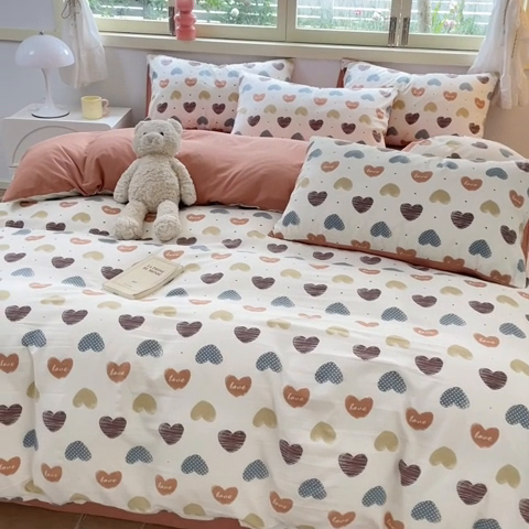 91家纺网 家纺一手货源 找家纺 玉海棠 2024新款AB版软糯针织棉印花四件套 比心-