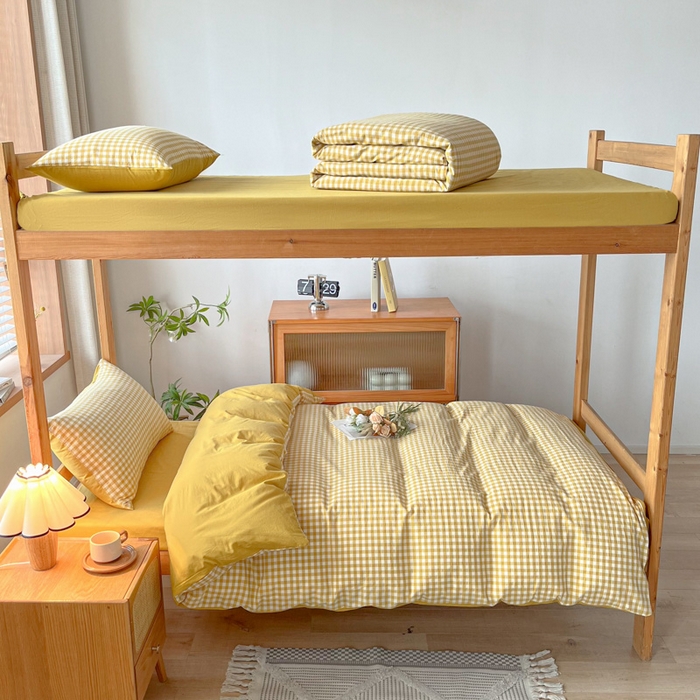 91家纺网 家纺一手货源 找家纺 吉象 2025新款水洗棉学生三件套 黄小格