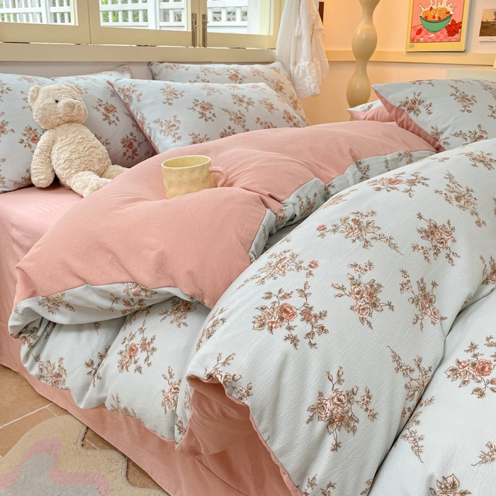 91家纺网 家纺一手货源 找家纺 玉海棠 2024新款AB版软糯针织棉印花四件套 芙曼-绿-