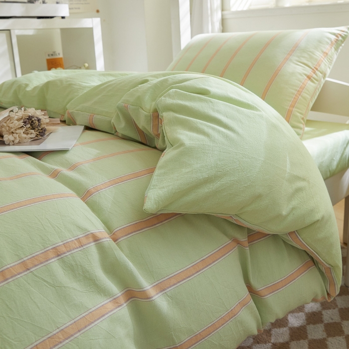 91家纺网 家纺一手货源 找家纺 吾诺家居 2024学生季新款全棉学生宿舍三件套六件套组合系列 桔绿条