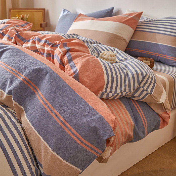 91家纺网 家纺一手货源 找家纺 2025新款全棉色织水洗棉四件套被套三件套系列 橘兰咖条