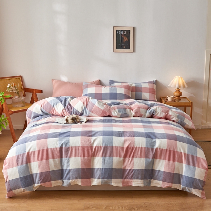 91家纺网 家纺一手货源 找家纺 2025新款全棉色织水洗棉四件套被套三件套系列 英伦粉