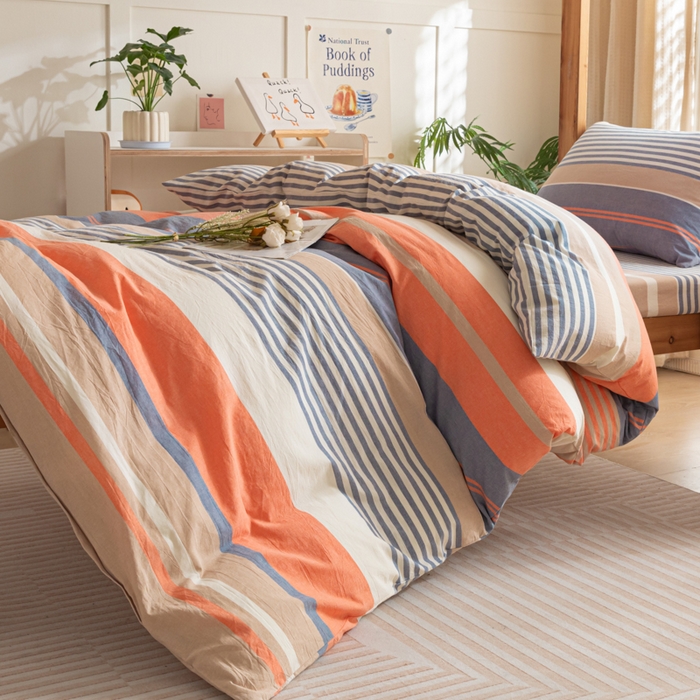 91家纺网 家纺一手货源 找家纺 2025新款全棉水洗棉被套纯棉单双人宿舍学生-可配3件套 橘兰咖条