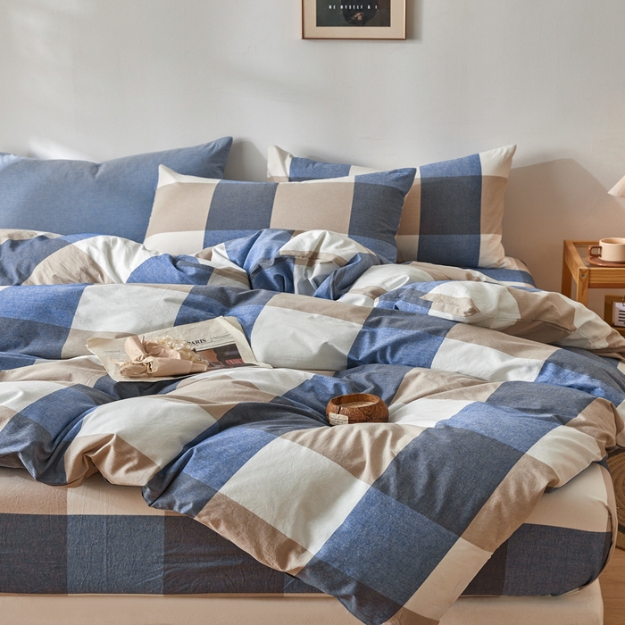 91家纺网 家纺一手货源 找家纺 2025新款全棉色织水洗棉四件套被套三件套系列 蓝大格