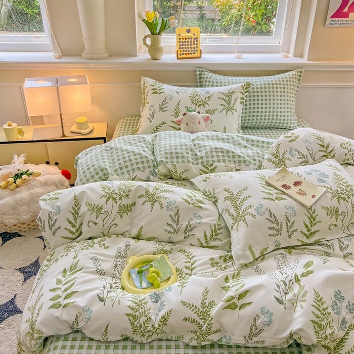 91家纺网 家纺一手货源 找家纺 绵庭家纺 2024新款全棉印花套件系列四件套 半夏之叶