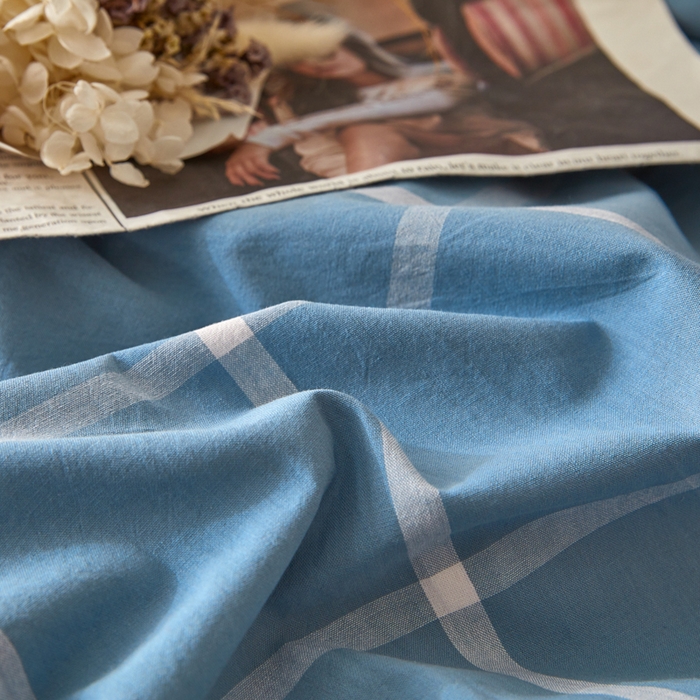 91家纺网 家纺一手货源 找家纺 2025新款全棉色织水洗棉四件套被套三件套系列 蓝灰中格