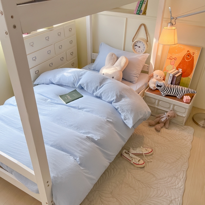 91家纺网 家纺一手货源 找家纺 韩巢家纺 2024新款学生宿舍员工寝室上下铺超柔水洗棉床单被套三件套-纯色系列拼（提供卖家秀） 水洗棉浅蓝