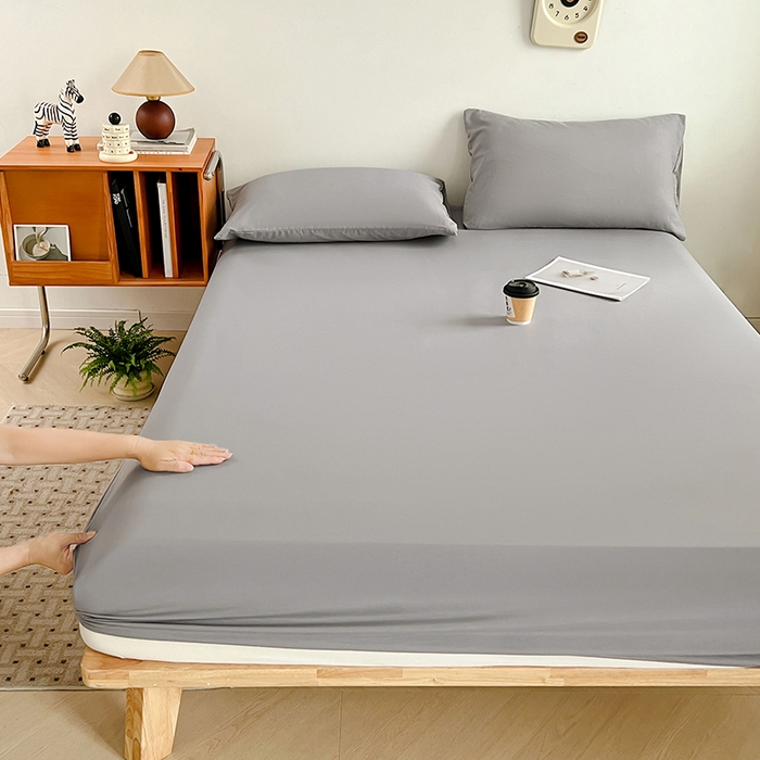 91家纺网 家纺一手货源 找家纺 贝拉梦家纺 2024新款超柔水洗棉纯色简约单品床笠枕套 莫奈灰